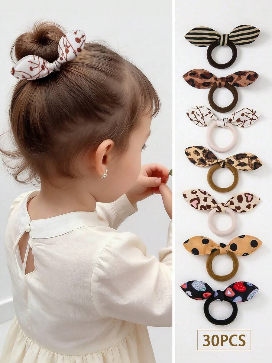 30pcs Girls & Teens Beige Polka Dot, Striped, Floral Print Rabbit Ear, Bow Hair Scrunchies, Seamless Towel Headbands, Hair Ties, Hair Accessories For Everyday Use - Multicolor - View 1