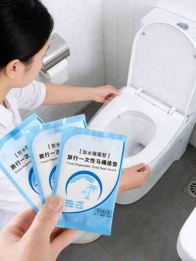 50 piezas Cubiertas desechables de asiento de inodoro de PVC envueltas individualmente, almohadillas de inodoro portátiles y a prueba de agua para viajes, accesorios de baño higiénicos para avión, campamento, viajes de negocios, hotel y baños públicos
