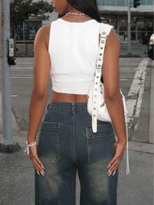 Quần jeans nữ ống đứng dáng suông, kiểu boyfriend rộng rãi, thiết kế túi xéo, phong cách đường phố Y2K. - Đồng - Xem 2