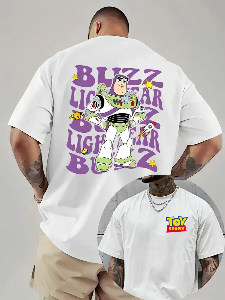 1 Piece, New Men's T-Shirt, Toy Story Toy Cartoon Printing Before And After, Round Neck Casual And Comfortable T-Shirt, Suitable For Sports And Daily Wear, Women's Loose T-Shirt, Gift, Disney. - trắng - Xem 1