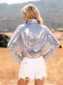 Áo khoác cài khuy màu trơn bóng bẩy đính sequin và tua rua phong cách cao bồi miền Tây cổ điển, thích hợp cho các lễ hội, sinh nhật, buổi hòa nhạc nhạc đồng quê, sân bay, mùa xuân/hè. - Bạc - Xem 5