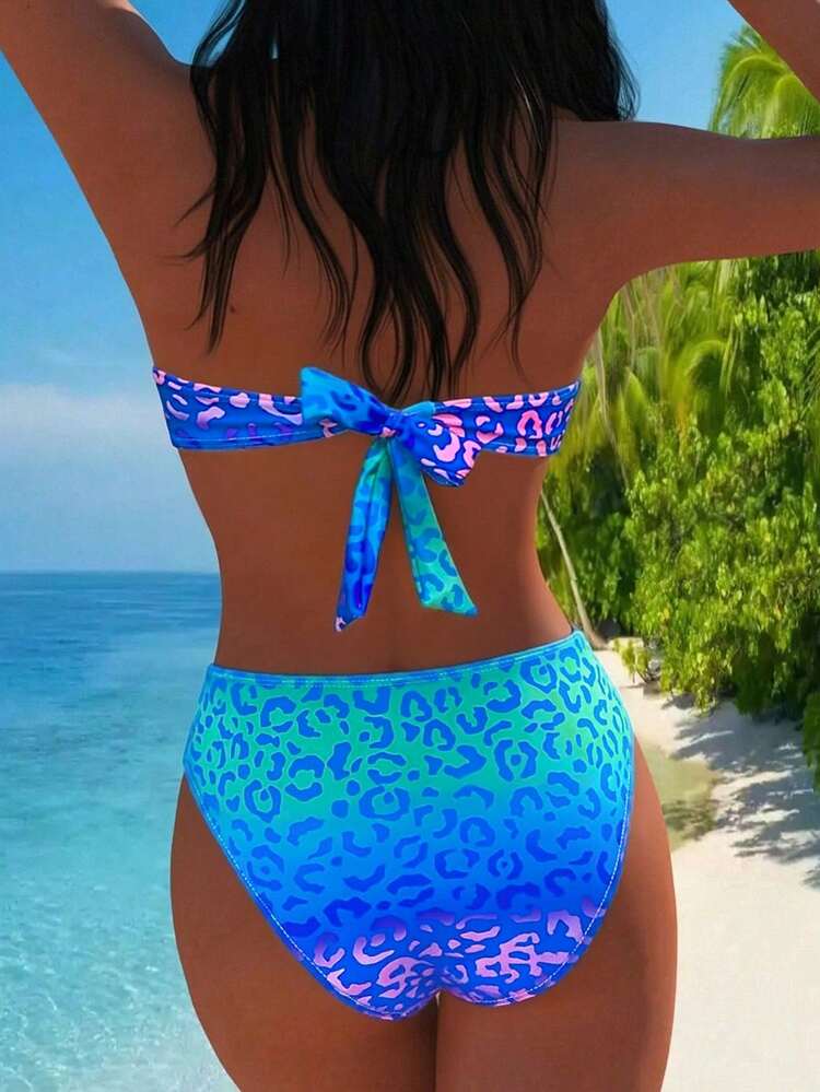 Women's Summer Beach Leopard Print Metal Decor Halter Tie Sexy Bikini Swimwear Set Vacation - Gradient Blue-green 1 - View 5