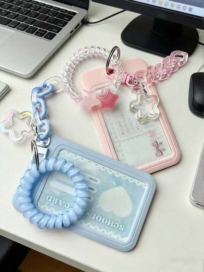 1pc Transparent Pink Star Pendant Keychain Card Holder/Photo Clip, Durable Clear ID Card Holder, Macaron Acrylic Decorative Keychain DIY Pendant, Jelly Color Stretchy Phone Cord Hair Tie With Removable, Easy-To-Clean Sliding Cover ,Travel Essential Bag
