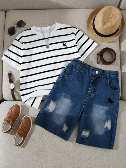 2pcs/Set Teenage Boys Casual Street Style Black & White Striped Fashion Design Little Horse Print Paired With Loose Distressed Denim Shorts Set, Spring/Summer