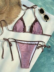 Sultry Sol Đồ bơi bikini nữ, họa tiết sọc chấm bi giản dị, màu nâu, thời trang cho các buổi đi chơi/tập thể dục/thường ngày/phong cách Y2K/những năm 2000/thanh lịch/cổ điển/thời trang đường phố/kỳ nghỉ/lễ hội âm nhạc/tiệc bể bơi, mùa hè 2026. - nâu hồng - Xem 2