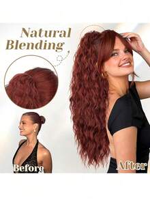 28 Inch Long Wavy Curly Ponytail Clip-In Hair Extensions, Multi-Layer Heat Resistant Synthetic Fiber, Wavy Curly Heat Resistant Fiber Wig, Unisex, Easy To Wear, Black Brown Long Extensions, Suitable For Party And Daily Styling, Suitable For All Skin Tones, Basic Style, High Temperature Fiber, Natural Appearance - Dirty Orange - View 5