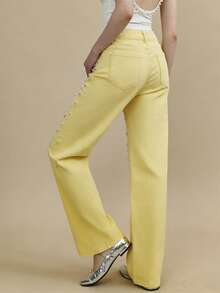 Women's Yellow Beaded Straight-Leg Jeans, Fashionable Slim Fit Versatile Style Casual Spring - Yellow - View 5