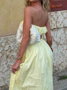 Live To Mo 女士夏季性感度假奶油黄两件套无肩带连衣裙，适合派对、海滩和日常穿着 - 黃色 - 查看 6