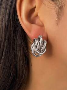 1 par de pendientes de metal con estilo de hortensia de varias capas - Plateado - Ver 1