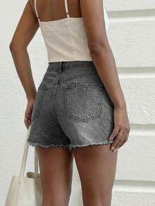 女士休闲宽松水洗毛边牛仔短裤 - 灰色 - 查看 5