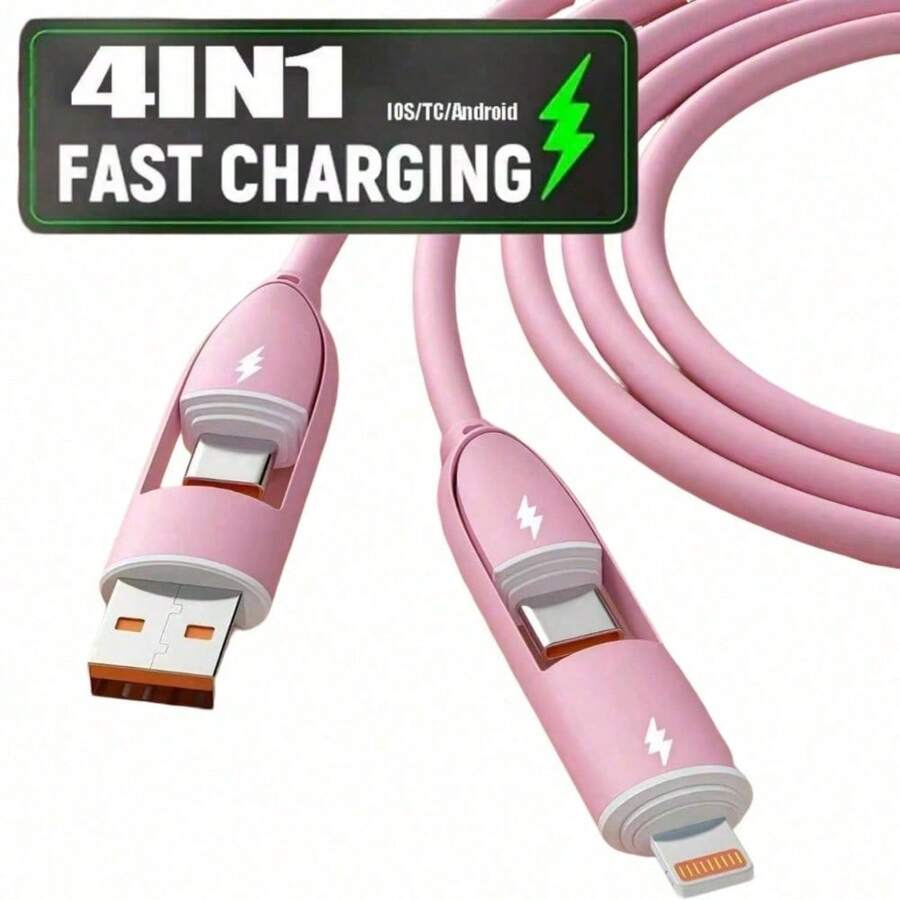 1pcs [4-In-1 Fast Charging] This 4-In-1 Super-Fast Charging Cable Supports 66W PD Fast Charging, Features A USB-C To USB/Type-C/Lightning Interface, High-Speed Data Transfer, And Compatibility With /IPad///Switch 2/SteamDeck And Other Devices. It Has A Circular Design, A Matte Finish, And Male-To-Male Connectors. - Hồng - Xem 1
