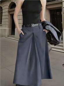 女士时尚黑色A字中长裙 - 高腰，A字裙摆设计，涤纶面料，适合通勤或休闲穿着，四季皆宜（无需腰带）春季 - 深灰色 - 查看 7