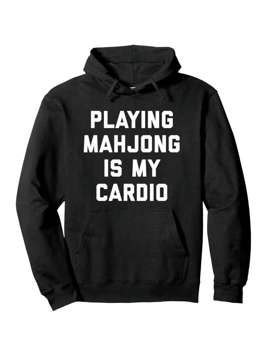 Men's Funny Mahjong Hoodie - "Playing Mahjong Is My Cardio" Mahjong Tiles & Tiles Graphic, Lightweight Pullover Hooded Sweatshirt For Tournaments, Casual Streetwear - Funny Gift For Mahjong Players, Durable & Breathable For All-Season Wear - màu đen - Xem 1