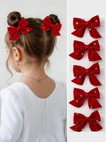 5pcs/Set Girls Velvet Bowknot Hair Clips, Red Barrettes With Rhinestones, Elegant Hair Accessories For Daily Use, Suitable For Christmas, Valentine's Day - Red - View 8