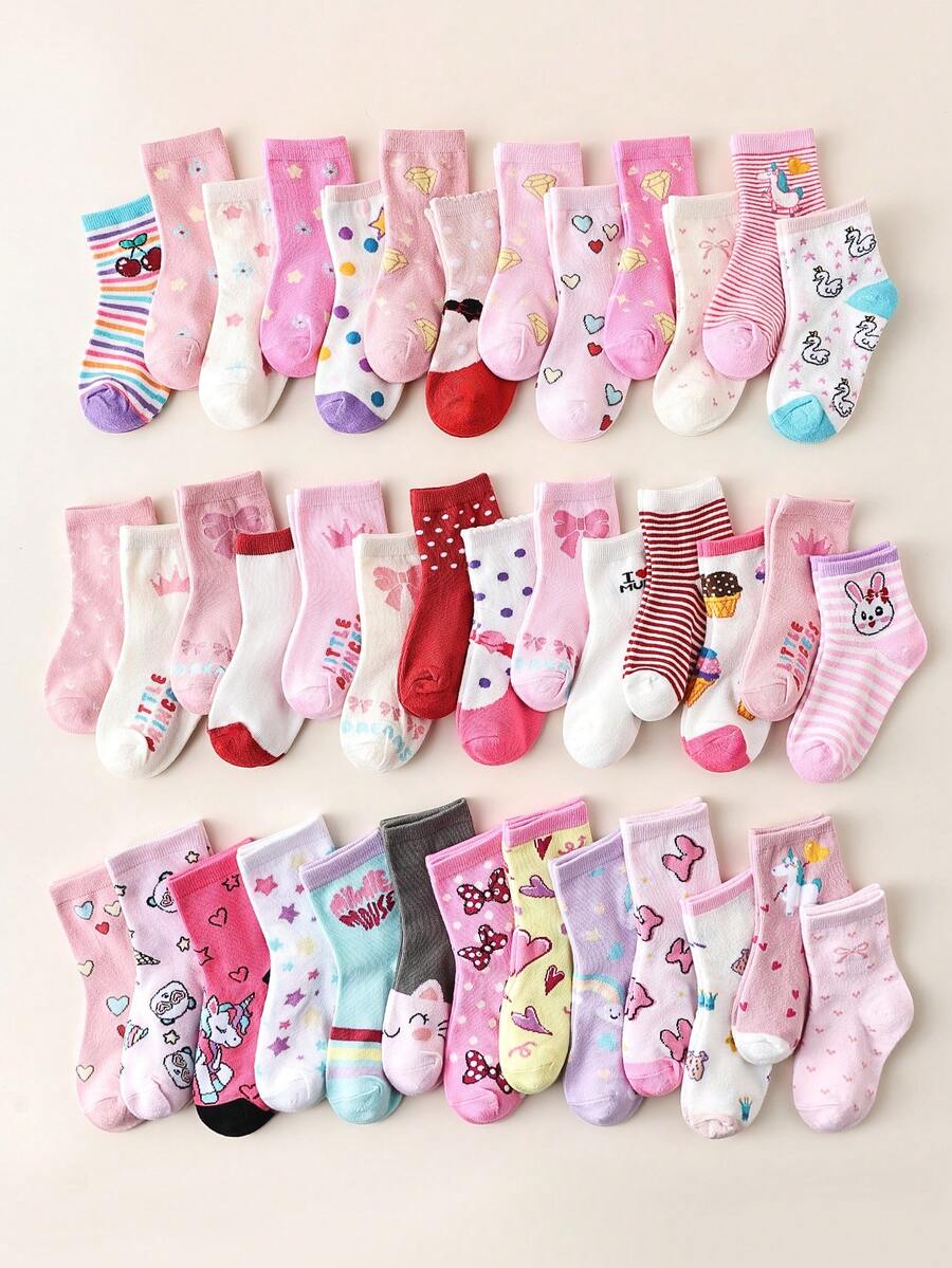 20/10/5/1 Pair Girls/Kids Pink Series Sports Socks, Cute Striped/Star/Heart/Diamond/Bow Decor, Fashion Casual Breathable Soft Comfortable Durable Short Socks, Suitable For Travel, Outdoor Activities, Parent-Child Events, Birthday Parties, Random Color & Style - Multicolor - View 1