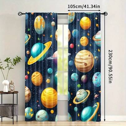 2片装太空主题窗帘 - 涤纶材质，半透明杆袋式窗帘，美观针织设计，可机洗，现代风格，适用于卧室、办公室、客厅 - 易于安装的装饰窗帘