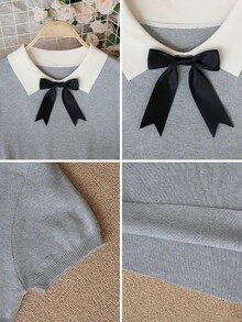 Abito mini estivo 2026 con colletto grigio - Elegante e dolce, abito casual a maniche corte con fiocco, aderente, adatto per San Valentino/Festa della Donna/Festa della Mamma/Raduni casual/Vacanze al mare/Feste/Ritorno a scuola/Stagione di matrimoni/Festival musicali primaverili - Grigio - Visualizzare 10