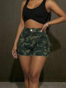 Women's Y2K Multi-Pocket Camouflage Elastic Skinny Denim Shorts - Army Green - View 5