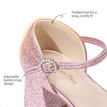 Girls Glitter Platform High Heels Square Toe Ankle Strap Wedding Party Pumps Flower Girl Shoes For Little Big Kid - Hồng - Xem 7