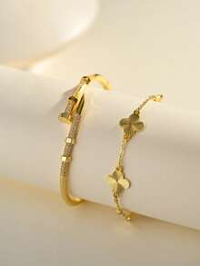 Juego de pulsera y brazalete dorado, diseño minimalista elegante, adecuado para citas, reuniones, regalos de fiesta - oro - Ver 10