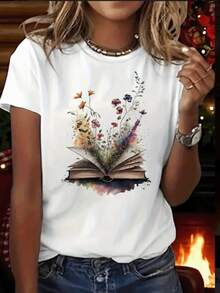 Camiseta Feminina Premium 100% Algodão Confortável Estilosa Soifisticada Modelo: Livro Plantas - Novidade Promoção Especial - Branco - Visão 1