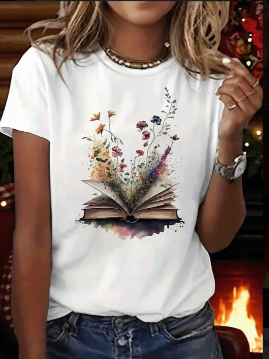 Camiseta Feminina Premium 100% Algodão Confortável Estilosa Soifisticada Modelo: Livro Plantas - Novidade Promoção Especial - Branco - Visão 1