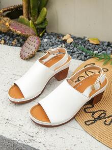 Plus Size Women's Fashion White Strap Buckle Open Toe Chunky Heel Sandals, Elegant Backless Comfortable Versatile High Heel Sandals - White - View 7