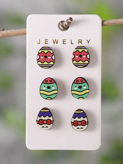 3 pares de pendientes de madera con diseño de huevos de Pascua vintage, accesorios de joyería de moda para fiestas de Pascua, regalo para mujeres