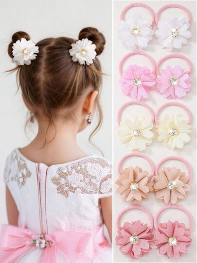 10pcs/Set Girls Rhinestone Flower Hair Scrunchies, Cute Princess Hair Ties, Stretchy & Durable, Won't Damage Hair, Versatile Hair Accessories For Everyday Use