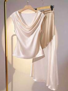 女士优雅时尚缎面翻领衬衫A字裙套装，衬衫领，适合日常、通勤和约会穿着 - 杏色 - 查看 6