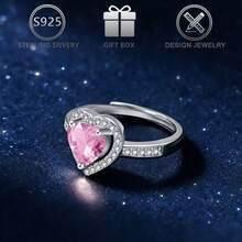1pc 925 Silver Cubic Zirconia Elegant Adjustable Pink Heart Ring, Suitable For Daily Casual, Party, Wedding, Valentine's Day Gift - Silver - View 6