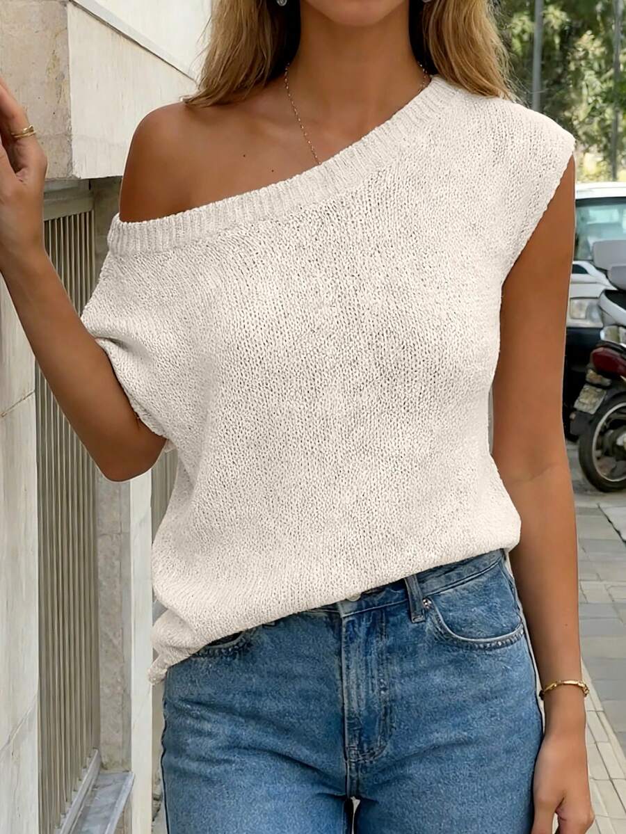 2026 Spring/Summer New Women's Casual Elegant Street Style Knit Apricot Off-Shoulder Cover-Up Top, Street Wear, Spring Outing, New Year's Outfit, Valentine's Day Outfit, Women's Birthday Outfit, Women's Casual Wear, Summer Clothing, Spring Clothing, Women's Beach Outfit, Women's Valentine's Outfit, Women's Holiday Outfit, Women's Vacation Outfit, Party Top - Apricot - View 1