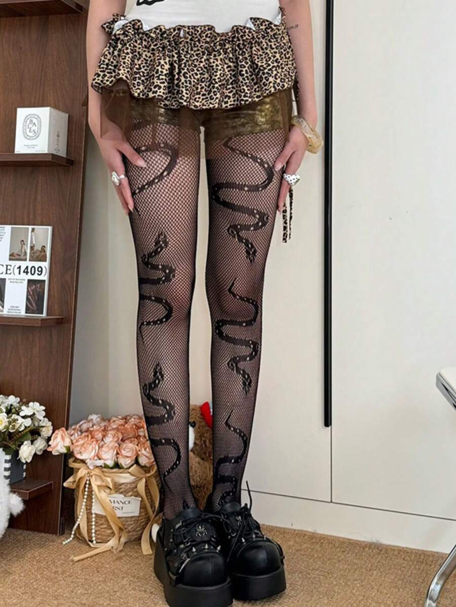 女士蛇纹渔网连裤袜，性感丝袜，渔网紧身裤，Y2K风格黑色网眼连裤袜，性感镂空蛇纹丝袜，弹力朋克风袜子，适合万圣节、夜店、派对、街头时尚和角色扮演 - 彩色 - 查看 1