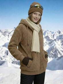 Women's Plush Hooded Long Sleeve Top Coat, Autumn/Winter - Brown - View 4