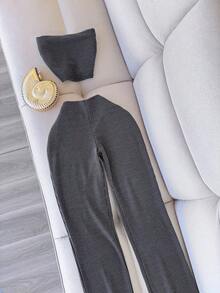 Bộ đồ mùa hè thanh lịch dành cho nữ gồm áo quây và quần skinny co giãn, thích hợp cho tiệc tùng và tập gym. - Màu xám đen - Xem 1