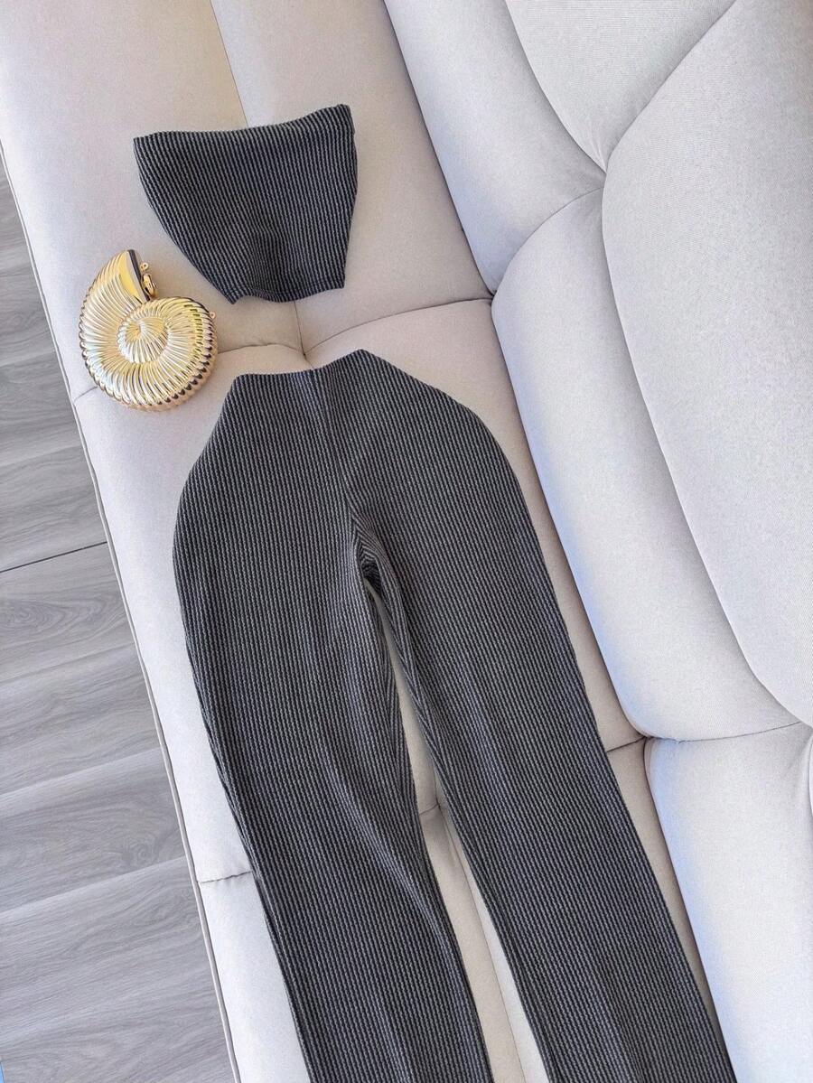 Bộ đồ mùa hè thanh lịch dành cho nữ gồm áo quây và quần skinny co giãn, thích hợp cho tiệc tùng và tập gym. - Màu xám đen - Xem 1