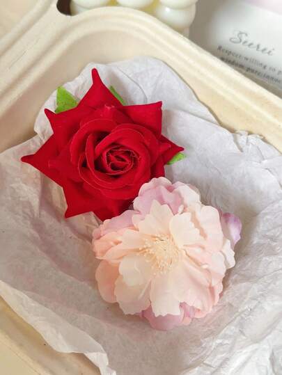 2pcs/1set Women's Bohemian Red Rose & Pink Tie Dye Camellia Hair Clips, Fashion Hair Accessories Suitable For Daily, Casual, Party, Beach, Vacation, Hairstyling, Face/Hair Washing, Makeup, Outfit Decoration, Autumn, Winter, Spring, Summer, Valentine's Day, Head Accesssories