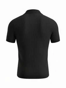 男士罗纹飞机领针织Polo衫，短袖，夏季时尚 - 黑色 - 查看 5