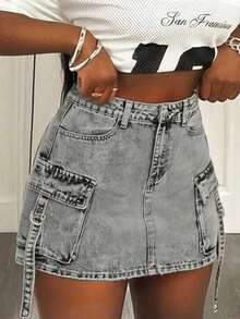 High Waist Washed Cargo Denim Skirt Button Front Flap Pockets Casual Streetwear Skirt - 灰色 - 查看 3