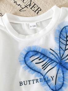 2 piezas Conjunto casual y cómodo para niñas, Blusa con estampado de mariposa + Falda plisada con decoración de moño en efecto denim, Conjunto casual de verano - Azul - Ver 4