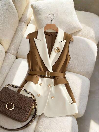 بلوزر أنيق بياقة مدببة مزين بزخارف معدنية زهرية للنساء ذوات الحجم الكبير، بأزرار مزدوجة وبدون أكمام، مناسب للعمل والتنقل