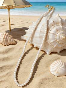 1pc 4m-12m Vintage French Style Pearl Necklace, Simple Choker Necklace With Random Pearl Quantity - White - View 9