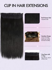 1pc Human Hair Clip-In Hair Extensions, 14-22 Inches Straight Natural Black Silky Hair Pieces, Increase Hair Volume, Simple For Daily Wear And Party, Women - Multicolor - View 5