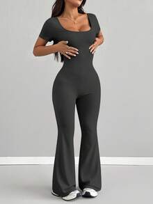 AITYI Studio 女士连体裤，修身舒适，休闲 U 领纯色时尚性感修身款，适合户外运动，百搭实用，适合毕业典礼、新年、情人节、春夏等场合，弹力针织短袖喇叭裤腿连体裤 - 鉛灰 - 查看 2