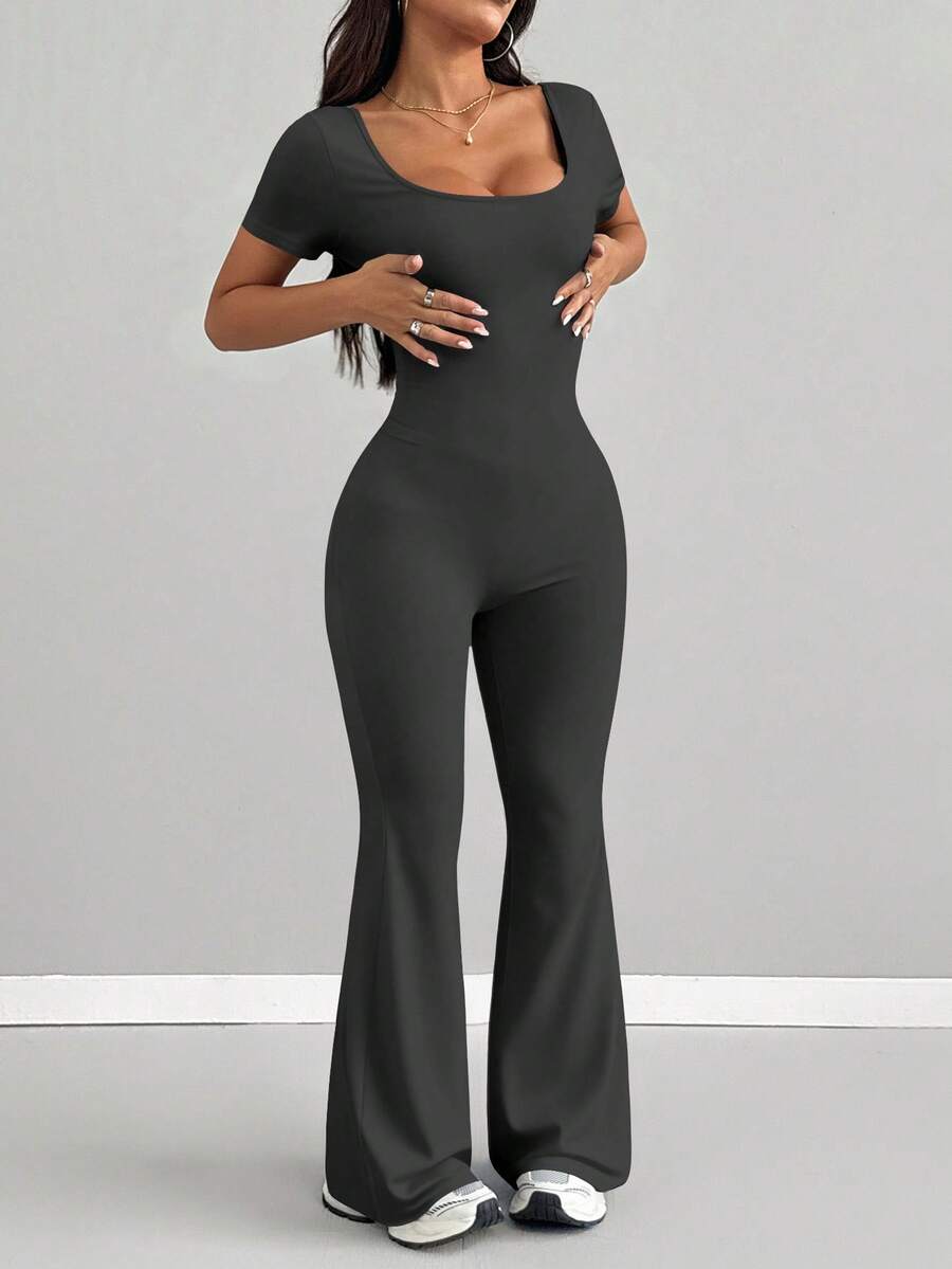 Bộ jumpsuit nữ AITYI Studio, dáng ôm, cổ chữ U, màu trơn, thời trang, gợi cảm, thoải mái, tôn dáng, đa năng, phù hợp cho lễ tốt nghiệp, năm mới, ngày Valentine, xuân/hè. Chất liệu co giãn, tay ngắn, ống loe. - tro chì - Xem 1