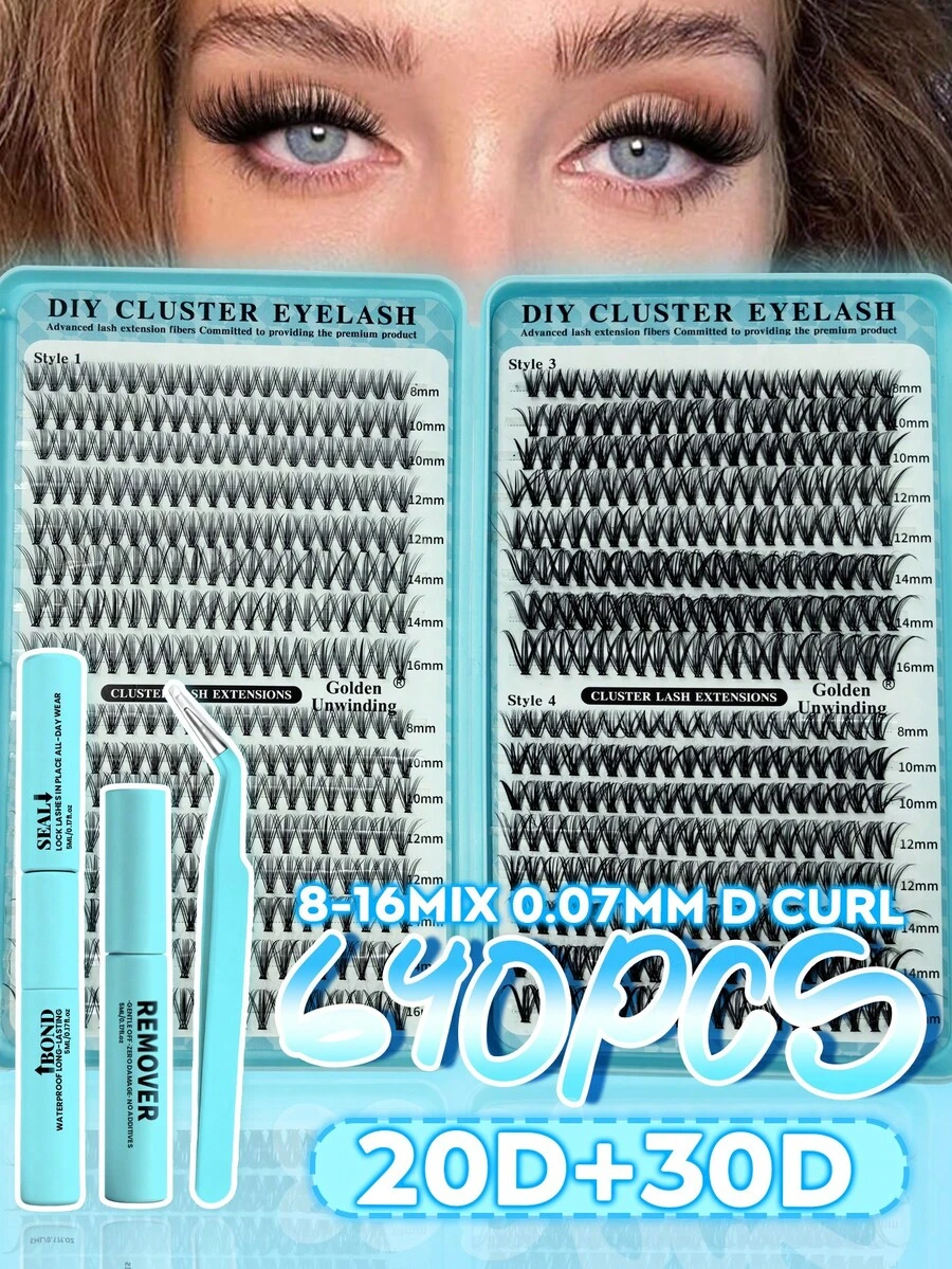 640 Stücke Cluster Wimpernverlängerungen im europäischen Stil, dichter und gekräuselter Wimpernverlängerungskit, D-Curl, 8-16mm gemischte Längen, DIY Wimpernverlängerungskit, DIY Unterwimpernverlängerungstutorial, flauschige und weiche Einzelwimpern, die einen dicken und natürlichen Y2K Schmetterlings-Make-up-Look kreieren, leicht zu verwendender und langanhaltend Wimpernkleber, Make-up-Entferner und Wimpernzange (20D+30D Wimpern). - Grün - Übersicht 1
