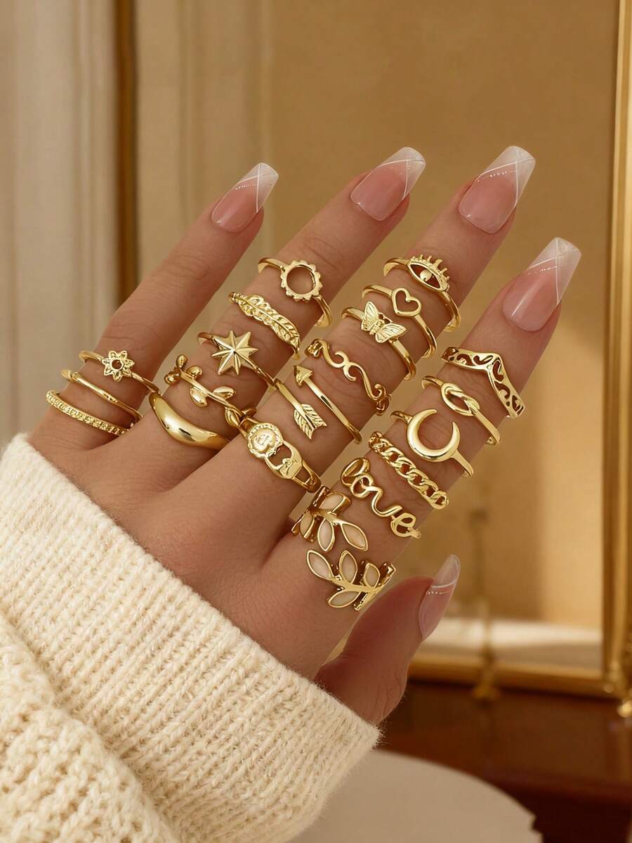 20件套女士戒指套装，包含太阳、月亮、蝴蝶、树叶、星星、心形、花朵、链条、情书等多种设计款式。 - 金色 - 查看 1