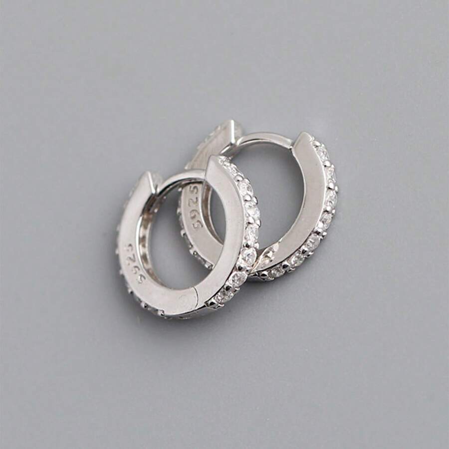 HuooNew 1对925纯银圆形小号立方氧化锆耳钉，男女皆宜的礼物 - 銀色 - 查看 1