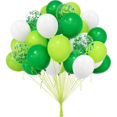 50个10英寸绿白相间气球，带彩纸屑，丛林主题，非常适合儿童男孩生日派对、迎婴派对、周年纪念日等场合。