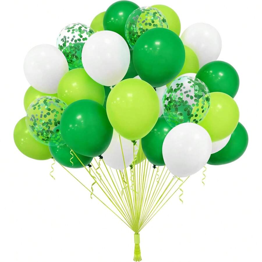 50pcs 10 Inch Green & White Balloons With Confetti, Jungle Theme, Perfect For Kids Boys Birthday Parties, Baby Showers, Anniversaries & More - Multicolor - View 1
